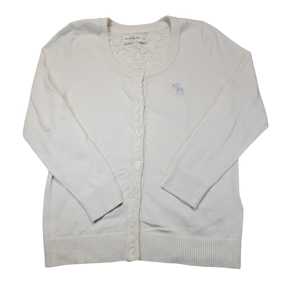 Abercrombie & Fitch Womens Cream Lace Trim Cardigan Sweater L Silver Moose Logo